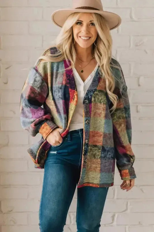 Multicolor Brushed Plaid Pocketed Oversize Shacket - Fashionfitz