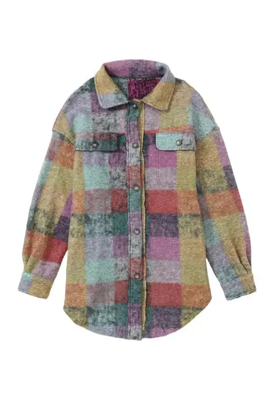 Multicolor Brushed Plaid Pocketed Oversize Shacket - Fashionfitz