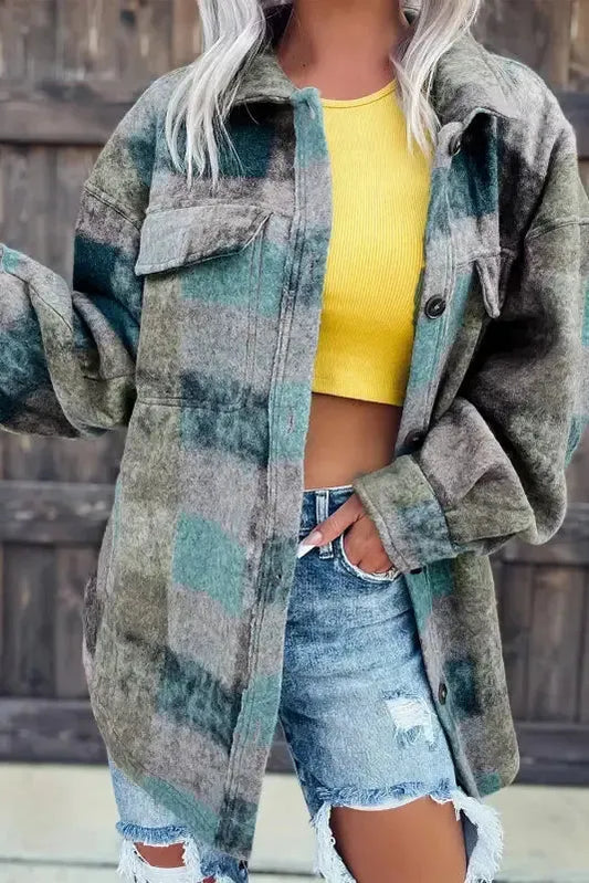 Multicolor Brushed Plaid Pocketed Oversize Shacket - Fashionfitz