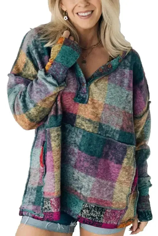 Multicolor Brushed Plaid Pocketed Oversize Shacket - Fashionfitz