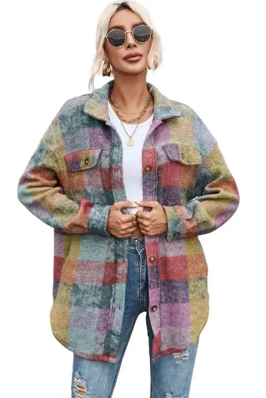 Multicolor Brushed Plaid Pocketed Oversize Shacket - Fashionfitz