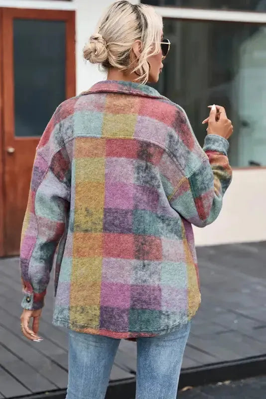 Multicolor Brushed Plaid Pocketed Oversize Shacket - Fashionfitz