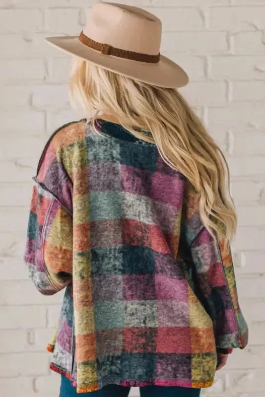 Multicolor Brushed Plaid Pocketed Oversize Shacket - Fashionfitz