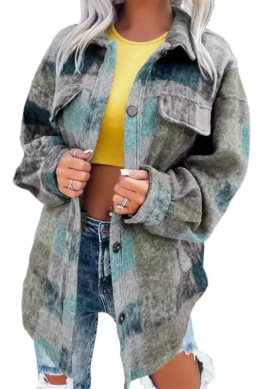 Multicolor Brushed Plaid Pocketed Oversize Shacket - Fashionfitz
