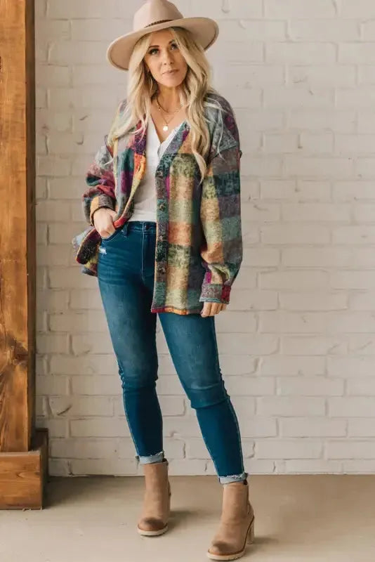 Multicolor Brushed Plaid Pocketed Oversize Shacket - Fashionfitz