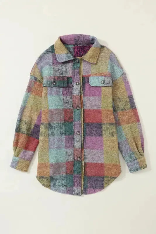Multicolor Brushed Plaid Pocketed Oversize Shacket - Fashionfitz