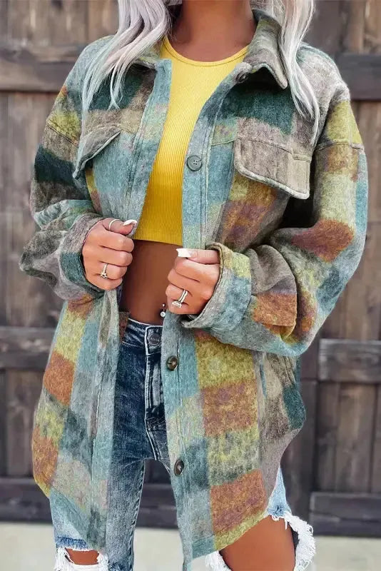 Multicolor Brushed Plaid Pocketed Oversize Shacket - Fashionfitz