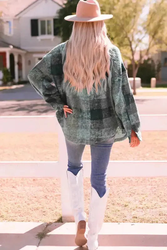 Multicolor Brushed Plaid Pocketed Oversize Shacket - Fashionfitz