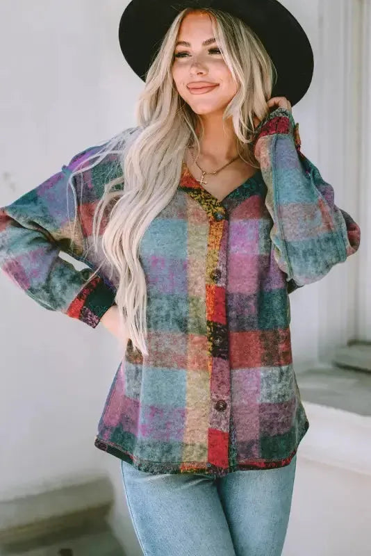 Multicolor Brushed Plaid Pocketed Oversize Shacket - Fashionfitz