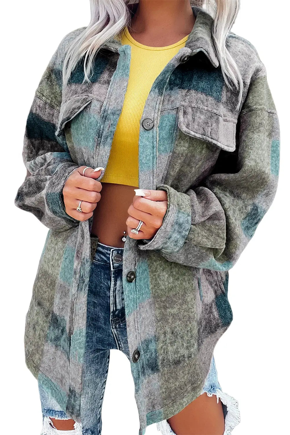 Multicolor brushed plaid pocketed oversize shacket - oversized jackets