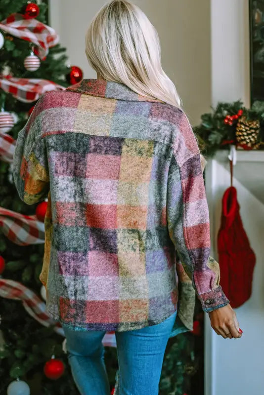 Multicolor brushed plaid shacket - plus size jackets