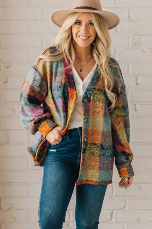 Multicolor brushed plaid shacket - plus size jackets