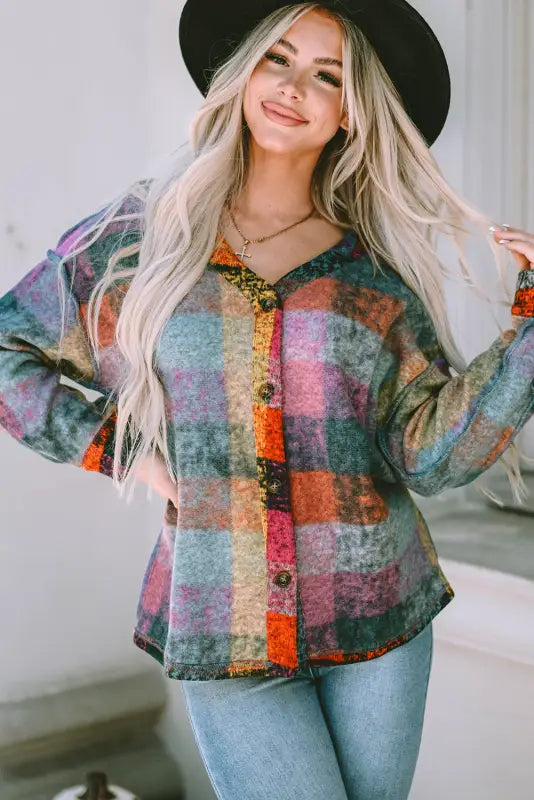 Multicolor brushed plaid shacket - plus size jackets