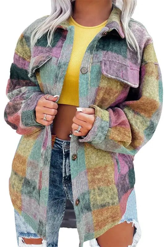 Multicolor brushed plaid shacket - plus size jackets