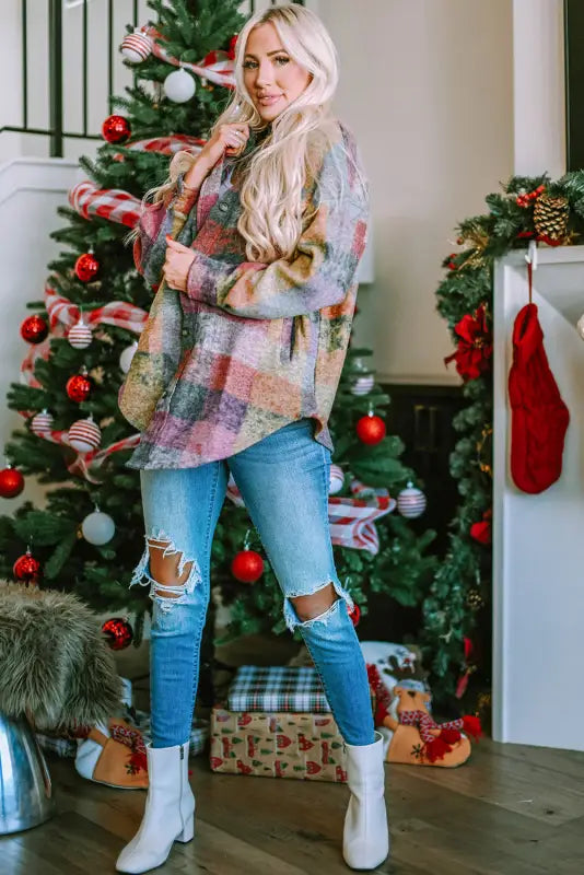 Multicolor brushed plaid shacket - plus size jackets