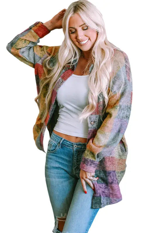 Multicolor brushed plaid shacket - plus size jackets