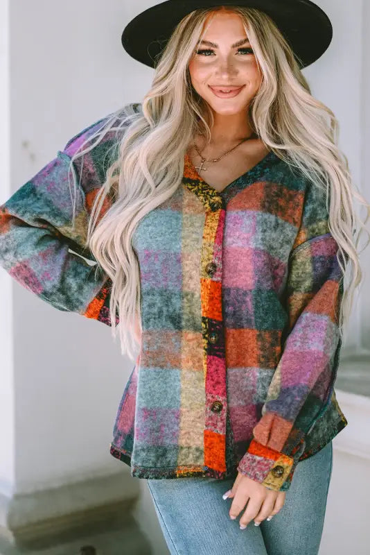 Multicolor brushed plaid shacket - plus size jackets