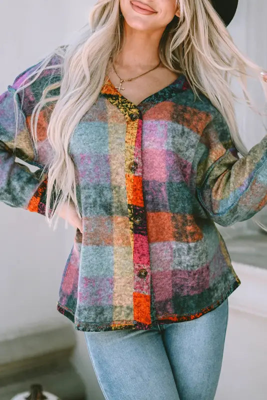 Multicolor brushed plaid shacket - plus size jackets