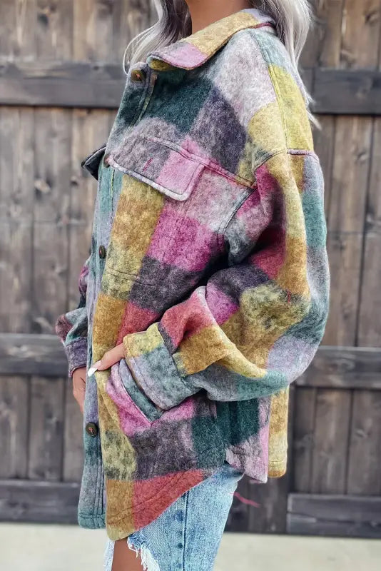 Multicolor brushed plaid shacket - plus size jackets