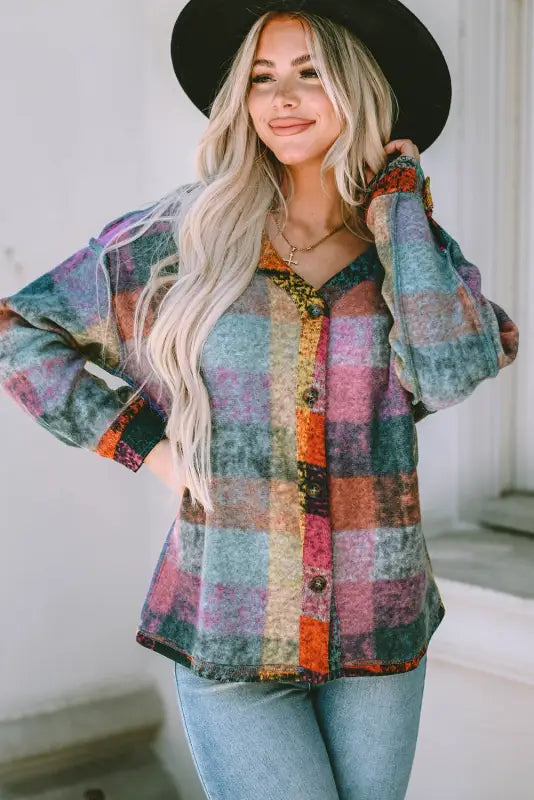 Multicolor brushed plaid shacket - plus size jackets