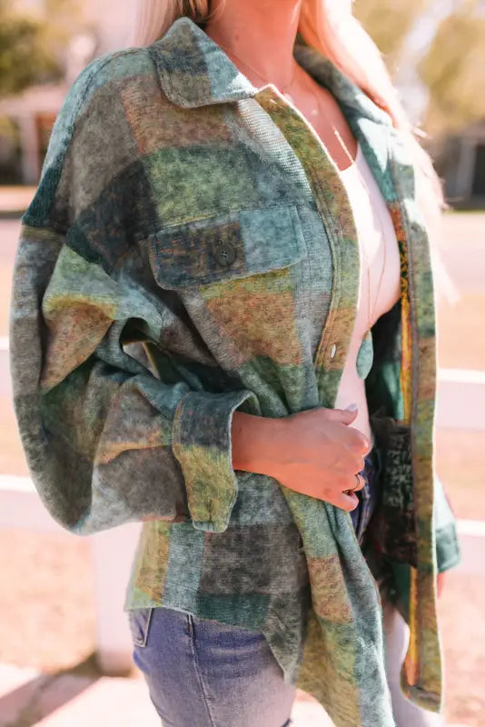 Multicolor brushed plaid shacket - plus size jackets