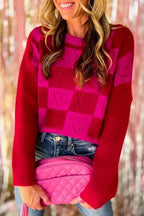 Multicolor Checkered Pattern Heart Detail Textured Sweater - Fashionfitz
