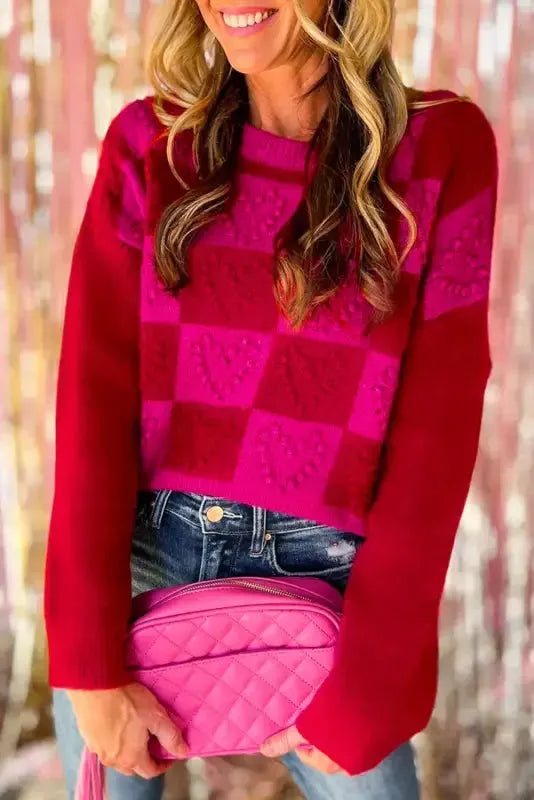 Multicolor Checkered Pattern Heart Detail Textured Sweater - Fashionfitz