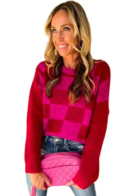 Multicolor Checkered Pattern Heart Detail Textured Sweater - Fashionfitz