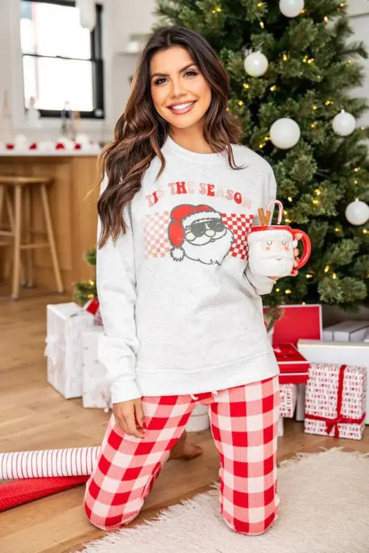 Multicolor christmas claus graphic top plaid pants lounge set - pajama sets