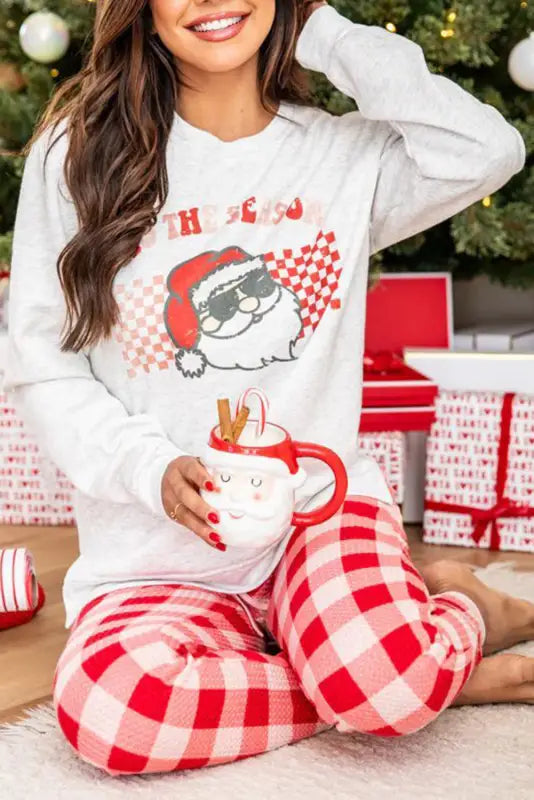 Multicolor christmas claus graphic top plaid pants lounge set - l / 65% polyester + 35% cotton - pajama sets