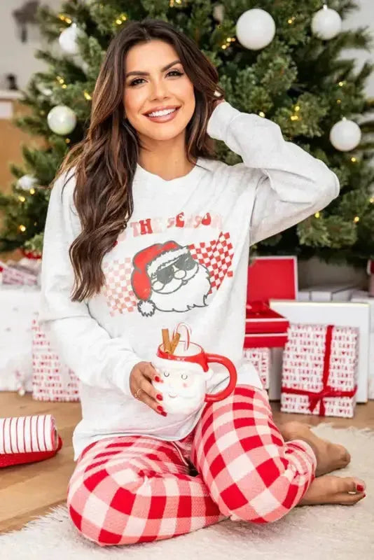 Multicolor Christmas Claus Graphic Top Plaid Pants Lounge Set - Fashionfitz