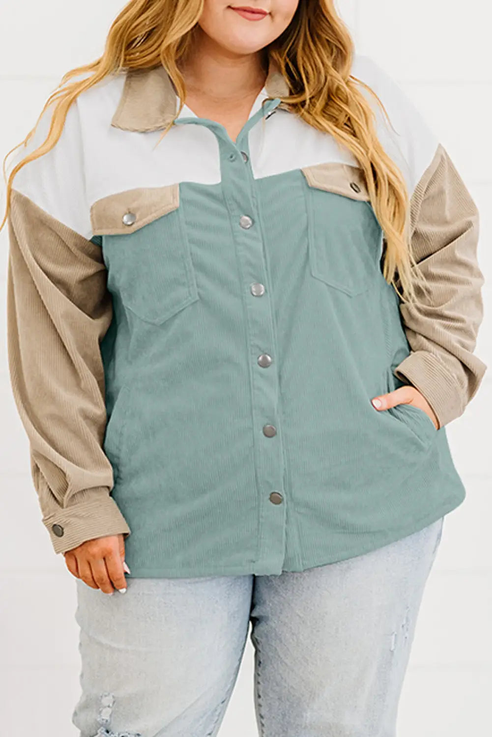 Multicolor color block buttoned pocket corduroy plus size jacket - 1x / 100% polyester