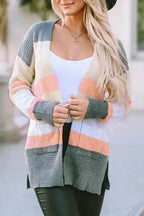 Multicolor Color Block Striped Pocketed Open Cardigan - Fashionfitz