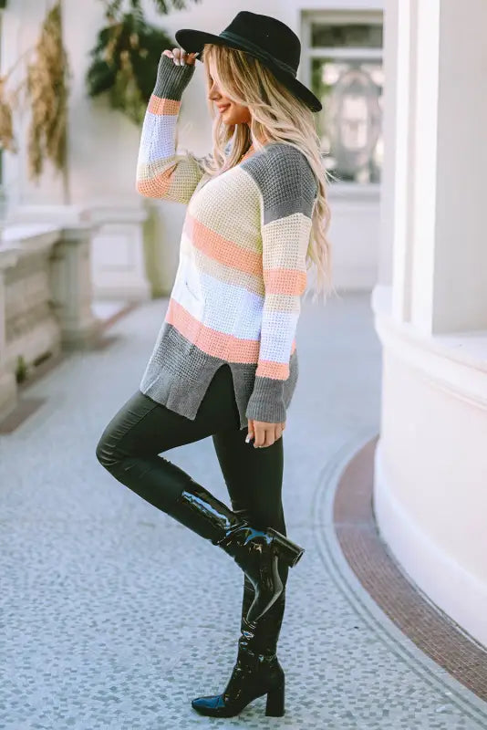 Multicolor color block striped pocketed open cardigan