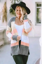 Multicolor Color Block Striped Pocketed Open Cardigan - Fashionfitz