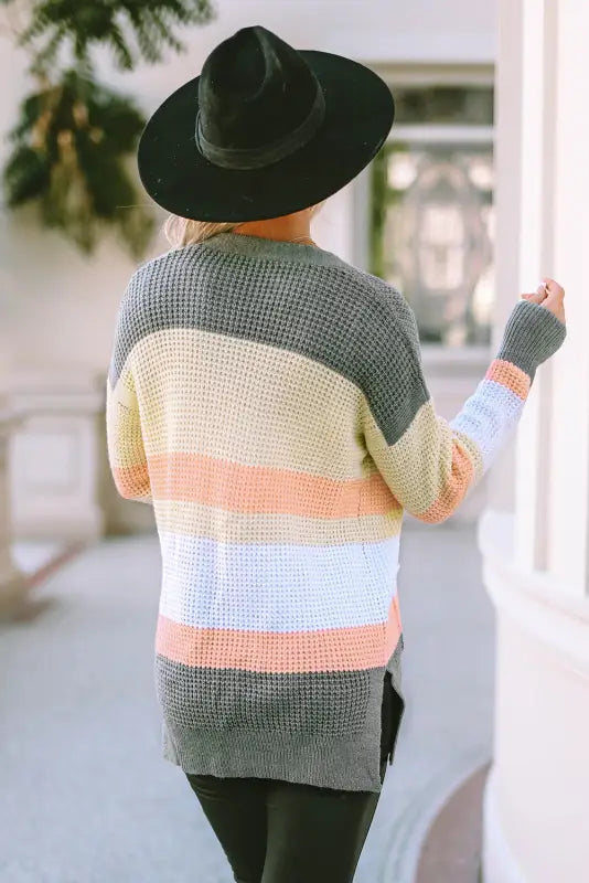 Multicolor color block striped pocketed open cardigan