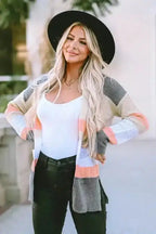 Multicolor Color Block Striped Pocketed Open Cardigan - Fashionfitz
