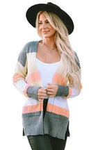 Multicolor Color Block Striped Pocketed Open Cardigan - Fashionfitz