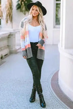 Multicolor Color Block Striped Pocketed Open Cardigan - Fashionfitz
