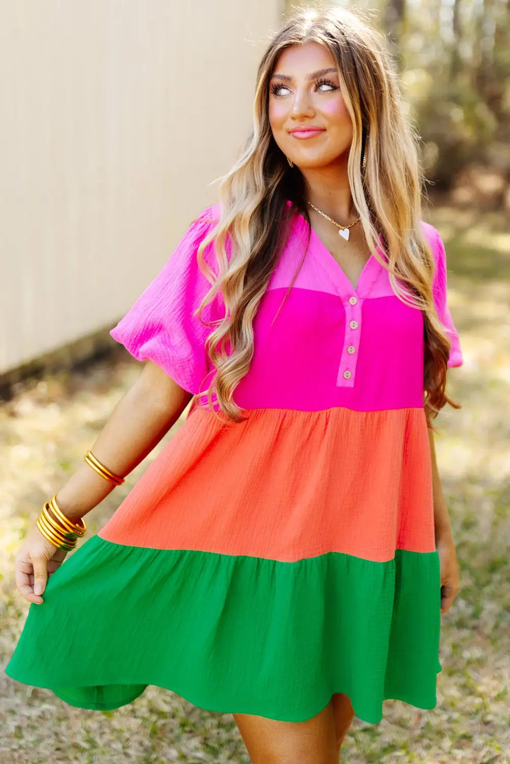 Multicolor color block tiered puff sleeve dress - dresses