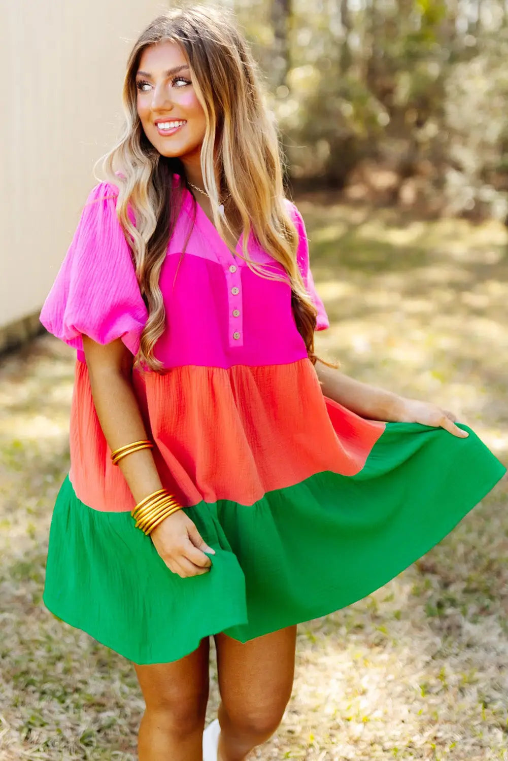 Multicolor color block tiered puff sleeve dress - dresses