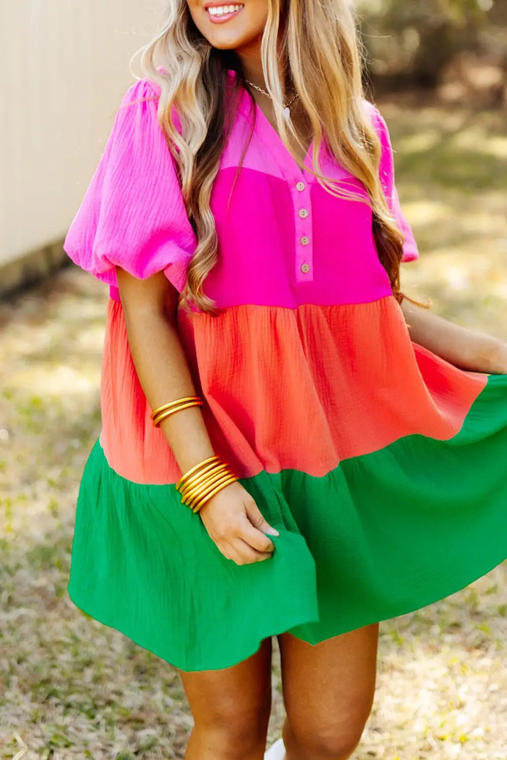 Multicolor color block tiered puff sleeve dress - s / 100% cotton - dresses