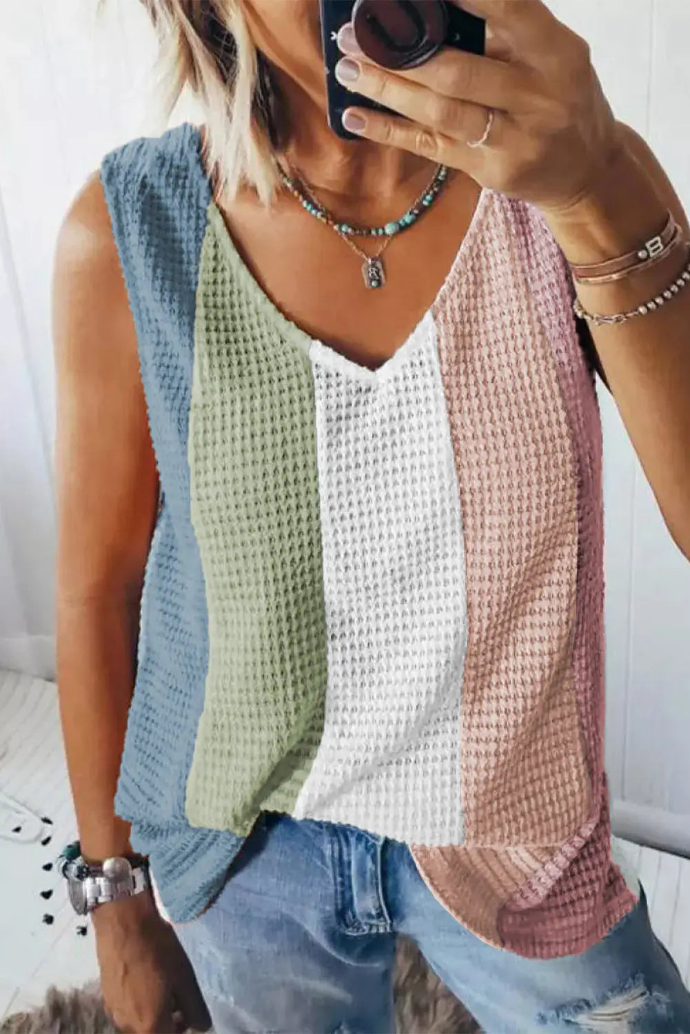 Multicolor color block v-neck waffle knit tank top - multicolor1 / s / 95% polyester + 5% elastane - tops