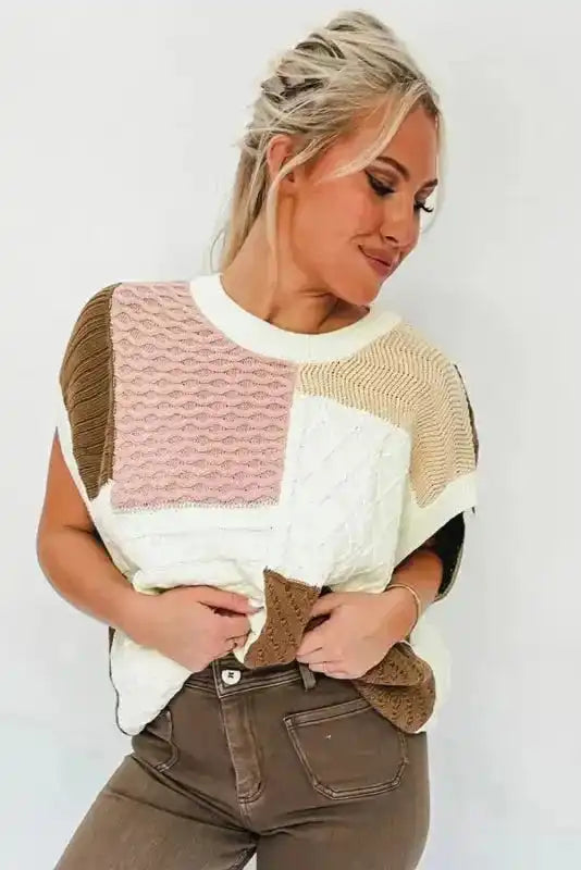 Multicolor Colorblock Mix Textured Sweater Tee - Fashionfitz