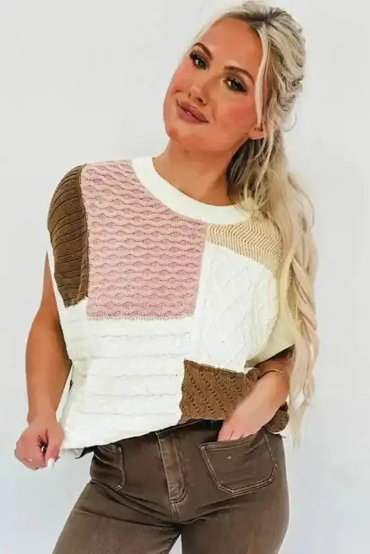 Multicolor Colorblock Mix Textured Sweater Tee - Fashionfitz