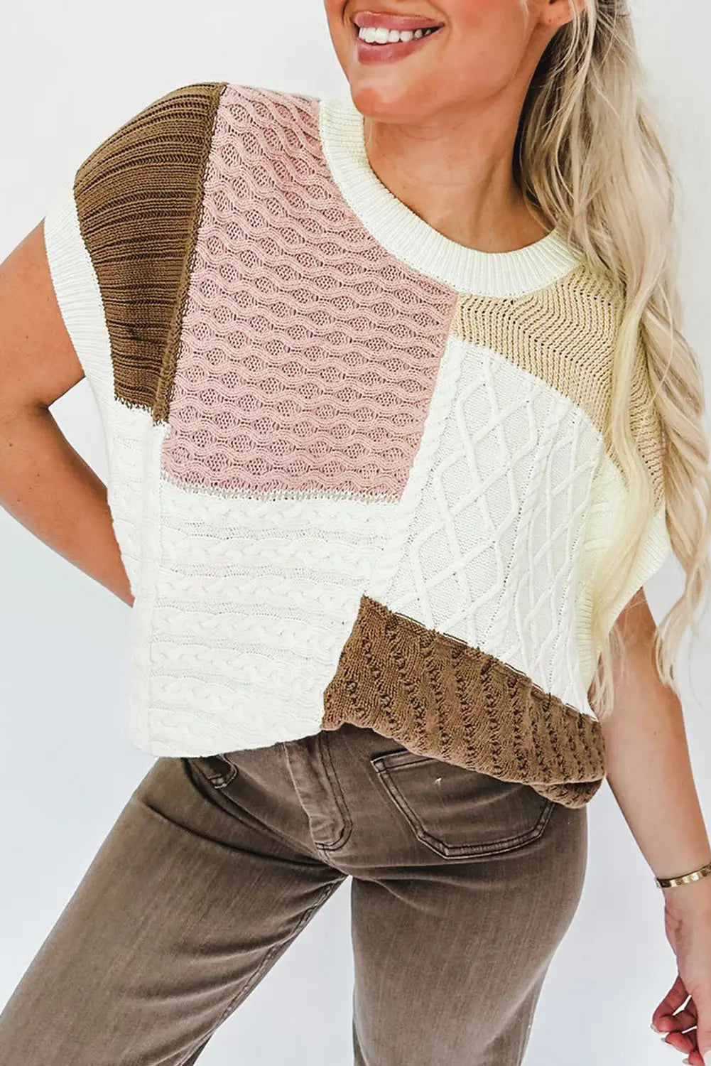 Multicolor colorblock mix textured sweater tee - l / 100% acrylic - sweaters & cardigans