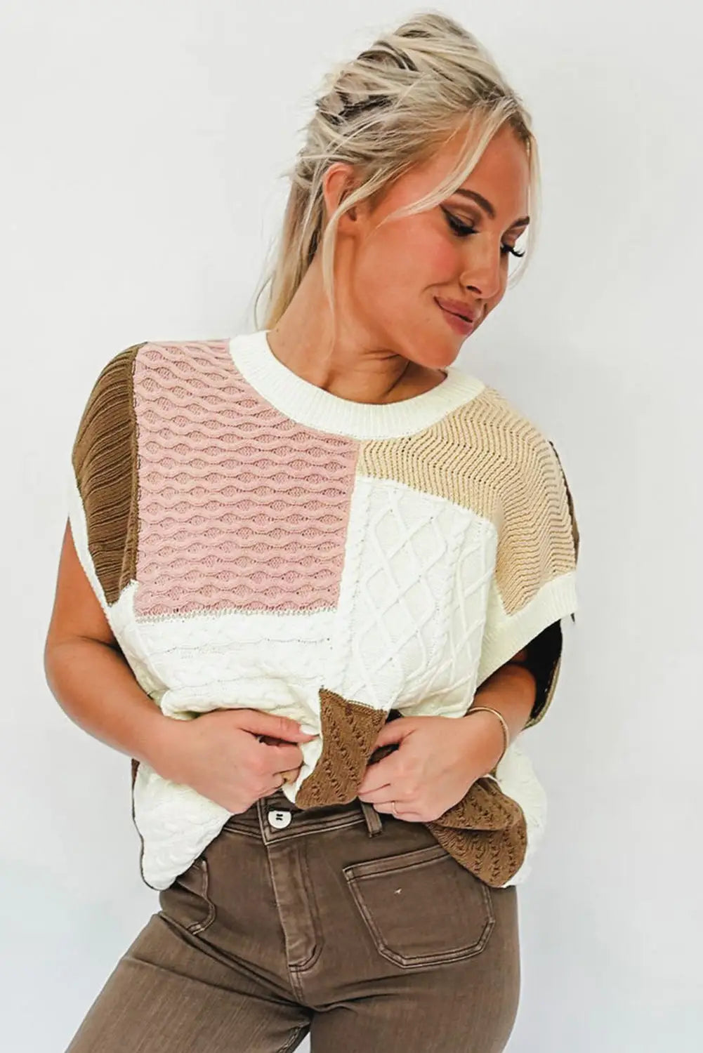 Multicolor colorblock mix textured sweater tee - sweaters & cardigans