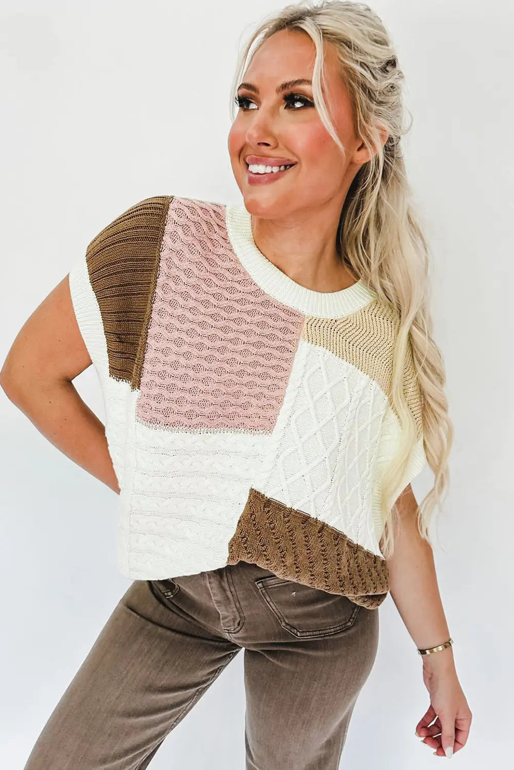 Multicolor colorblock mix textured sweater tee - sweaters & cardigans