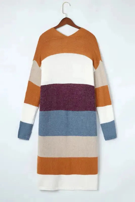 Multicolor Colorblock Open Front Long Knit Cardigan - Fashionfitz