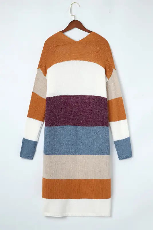 Multicolor colorblock open front long knit cardigan - sweaters & cardigans